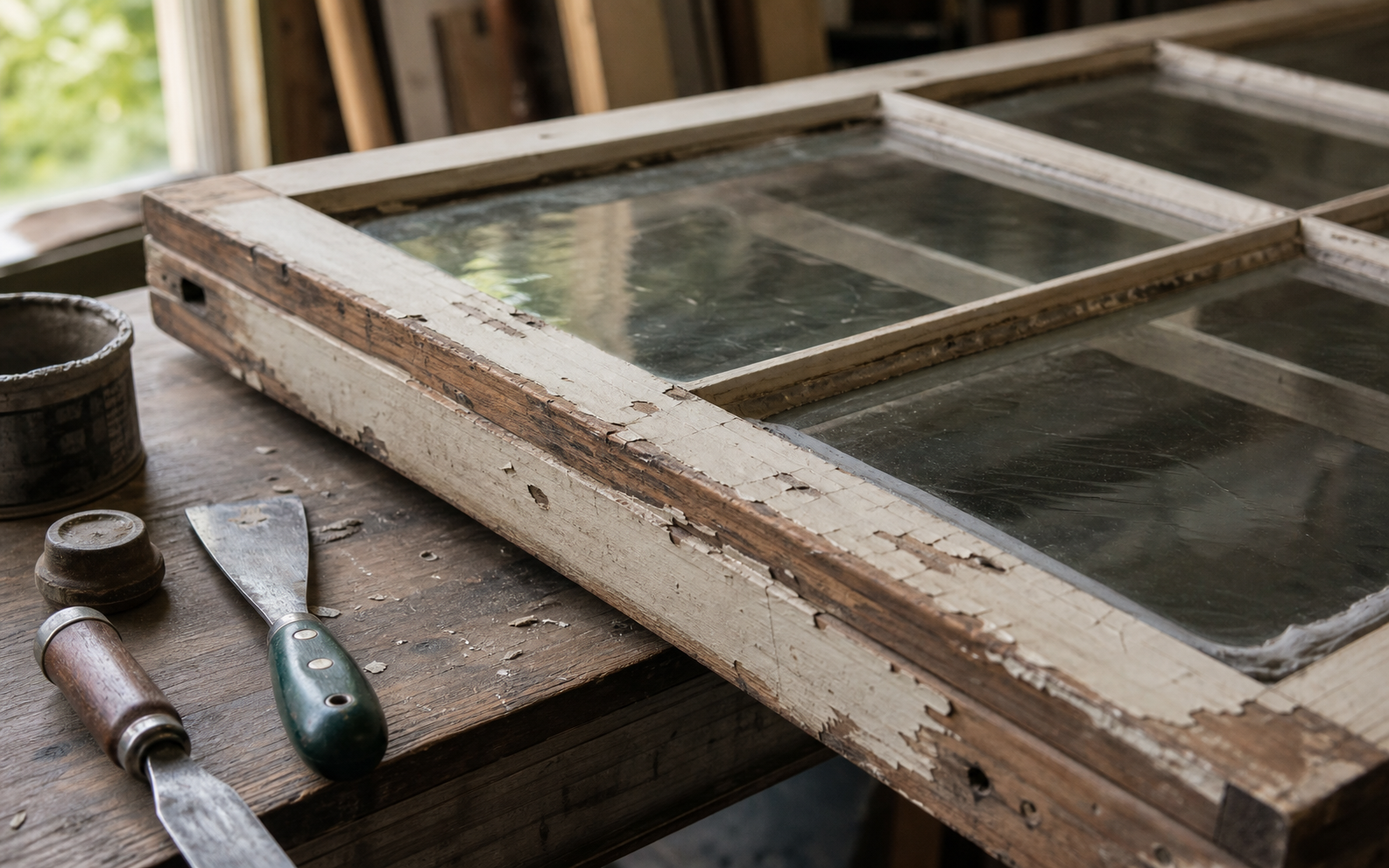 Historic wood window sash on a workshop bench with glazing tools
